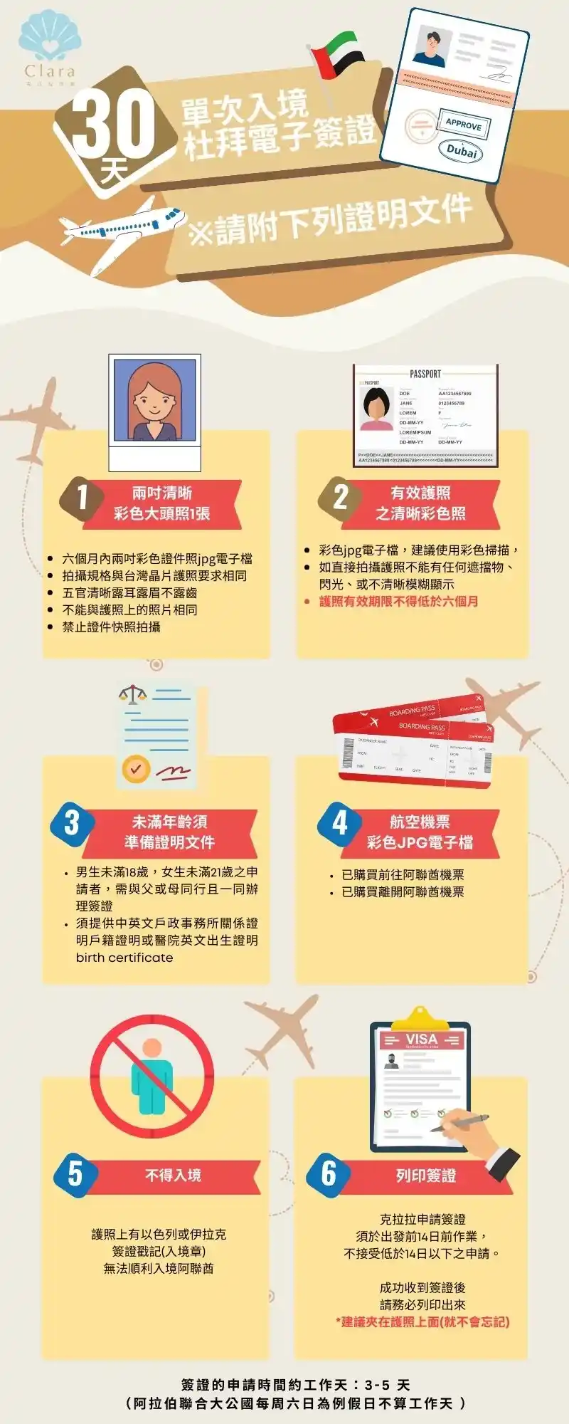 杜拜簽證所需文件:2吋大頭照、有效護照、航空機票